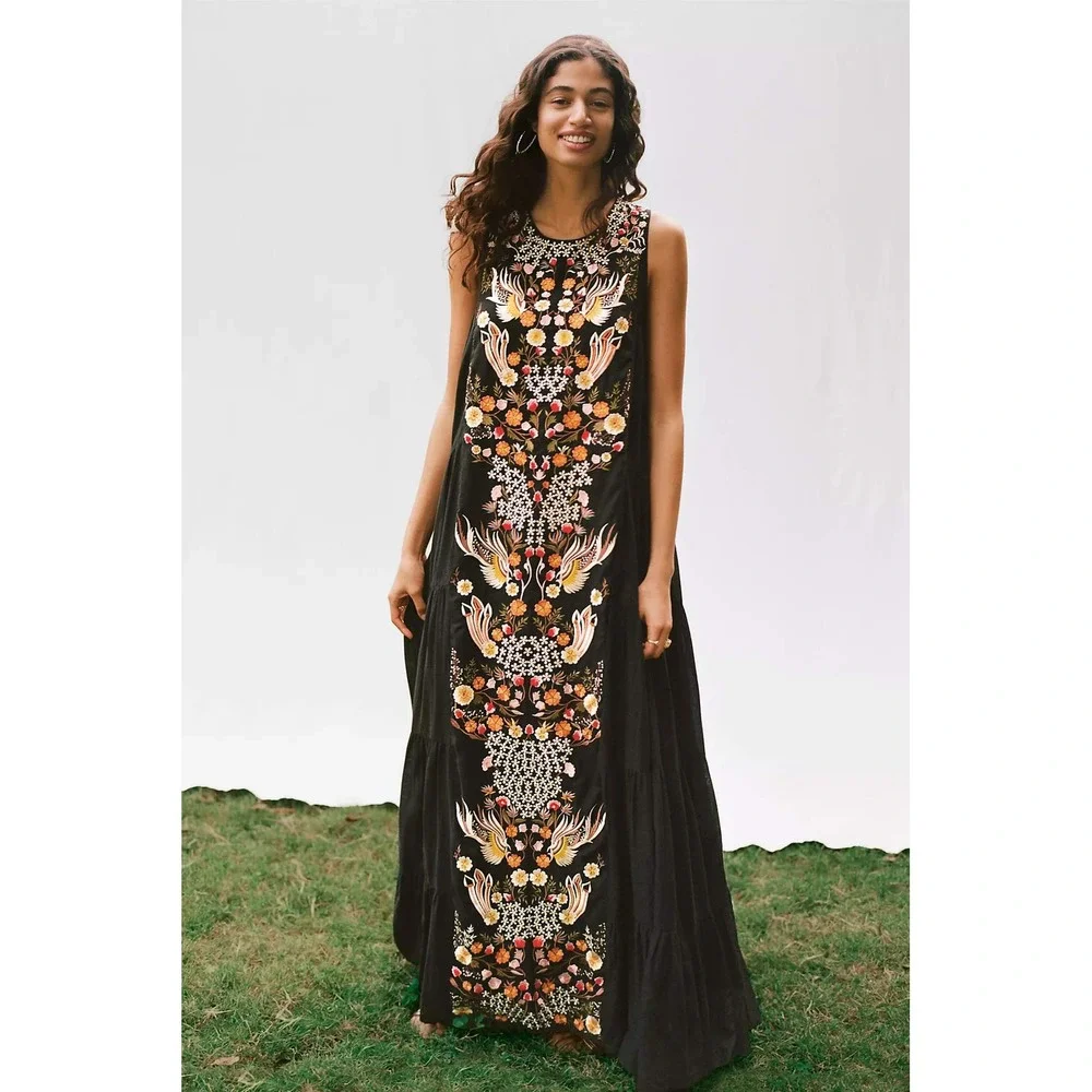 Anthropologie Samant Chauhan Black Jacaranda Tiered Maxi Dress Embroidered 8 - Picture 4 of 16